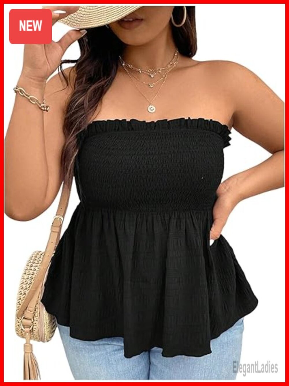 Plus Size Strapless Ruffle Hem Tube Top Smocked Bandeau Peplum Top